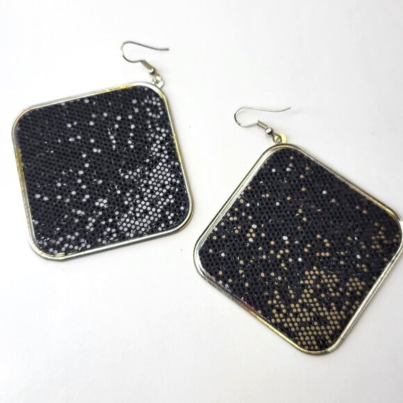 Black Glitter Square Hook Earrings - Picture 2 of 5